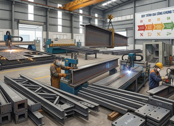 Gia công khung thép tiền chế – Giải pháp xây dựng tiết kiệm & bền vững 2026