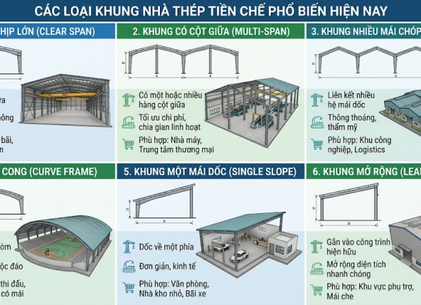 Các Loại Khung Nhà Thép Tiền Chế Phổ Biến Hiện Nay – Phân Loại Chi Tiết 2026